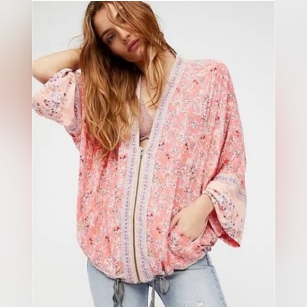 FREE PEOPLE Pink Wildflower Zip Cinch Komono Oversized Xs/S